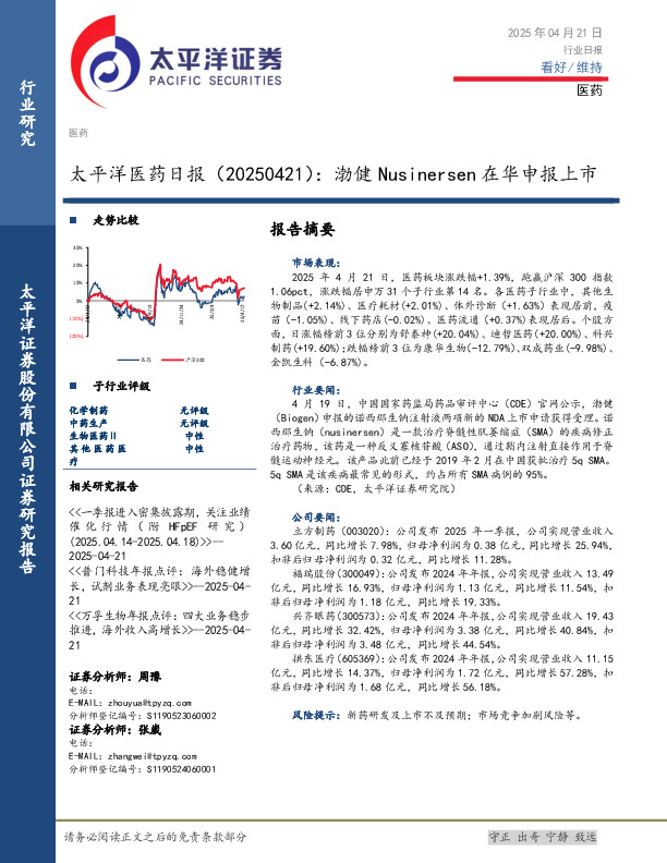 医药日报：渤健Nusinersen在华申报上市