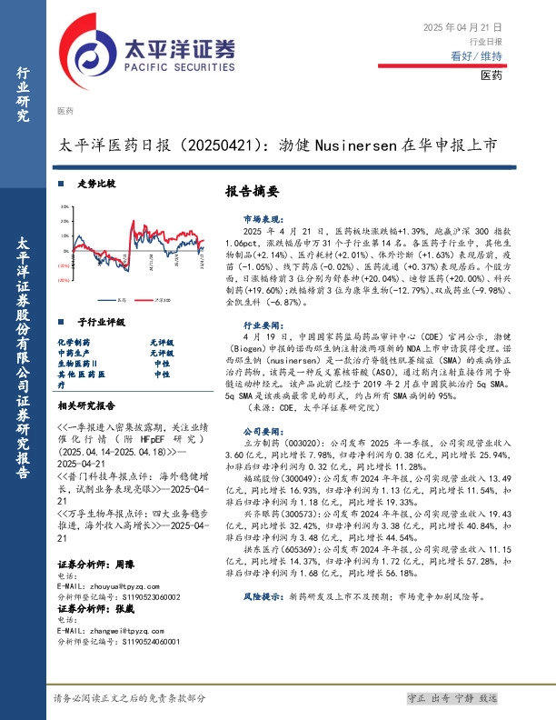 医药日报：渤健Nusinersen在华申报上市