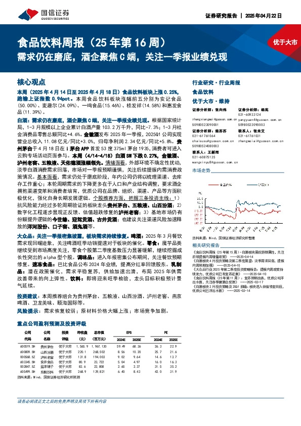 食品饮料行业周报（25年第16周）：需求仍在磨底，酒企聚焦C端，关注一季报业绩兑现