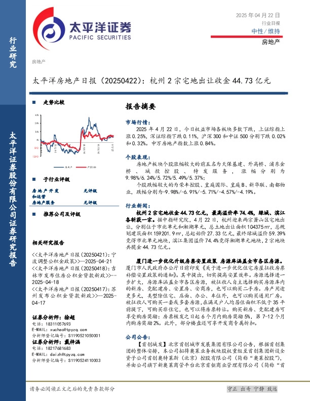 房地产日报：杭州2宗宅地出让收金44.73亿元
