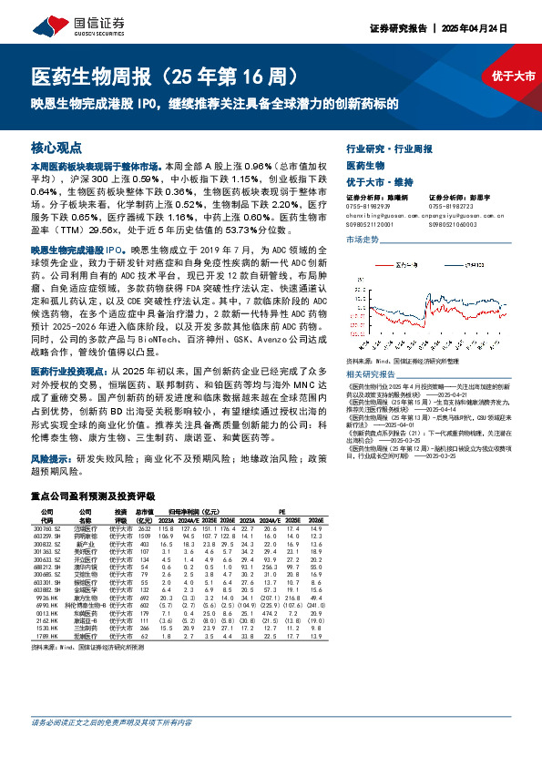 医药生物行业周报（25年第16周）：映恩生物完成港股IPO，继续推荐关注具备全球潜力的创新药标的