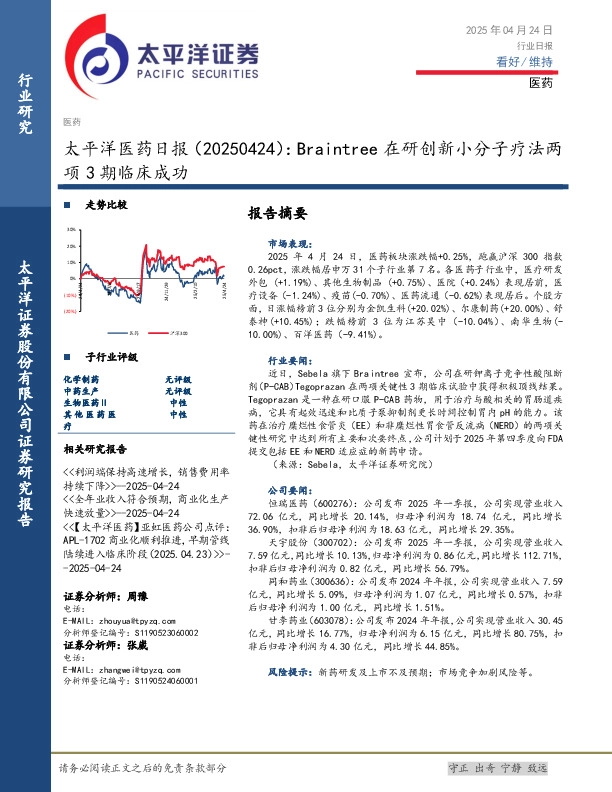 医药日报：Braintree在研创新小分子疗法两项3期临床成功