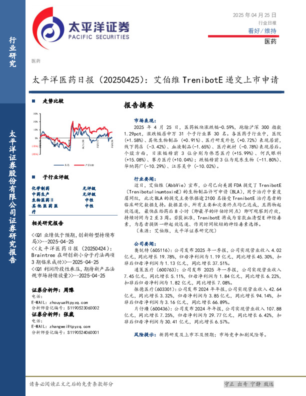 医药日报：艾伯维TrenibotE递交上市申请