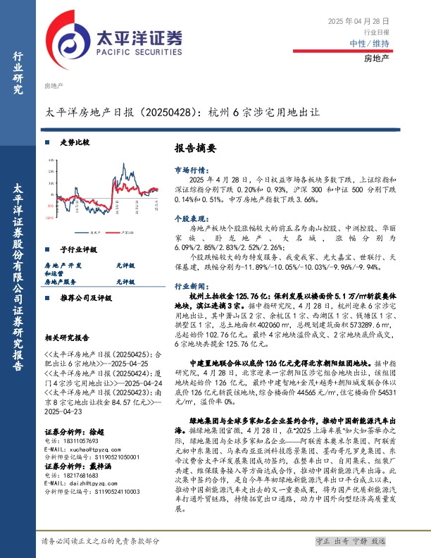 房地产日报：杭州6宗涉宅用地出让