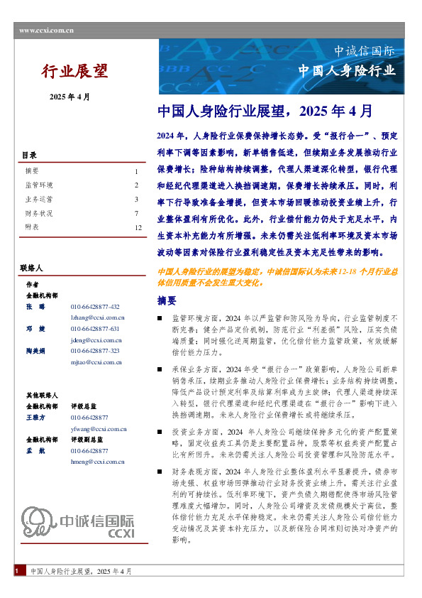 中国人身险行业展望，2025年4月