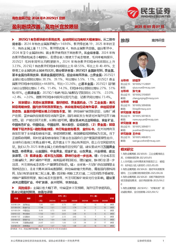 有色金属行业2024年&2025Q1总结：盈利继续改善，风物长宜放眼量