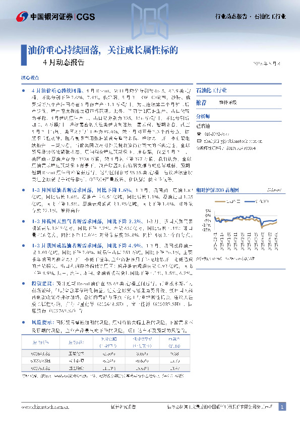石油化工行业4月动态报告：油价重心持续回落，关注成长属性标的