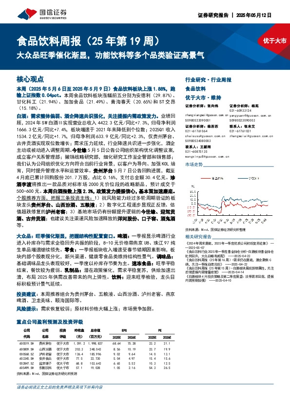 食品饮料行业周报（25年第19周）：大众品旺季催化渐显，功能饮料等多个品类验证高景气