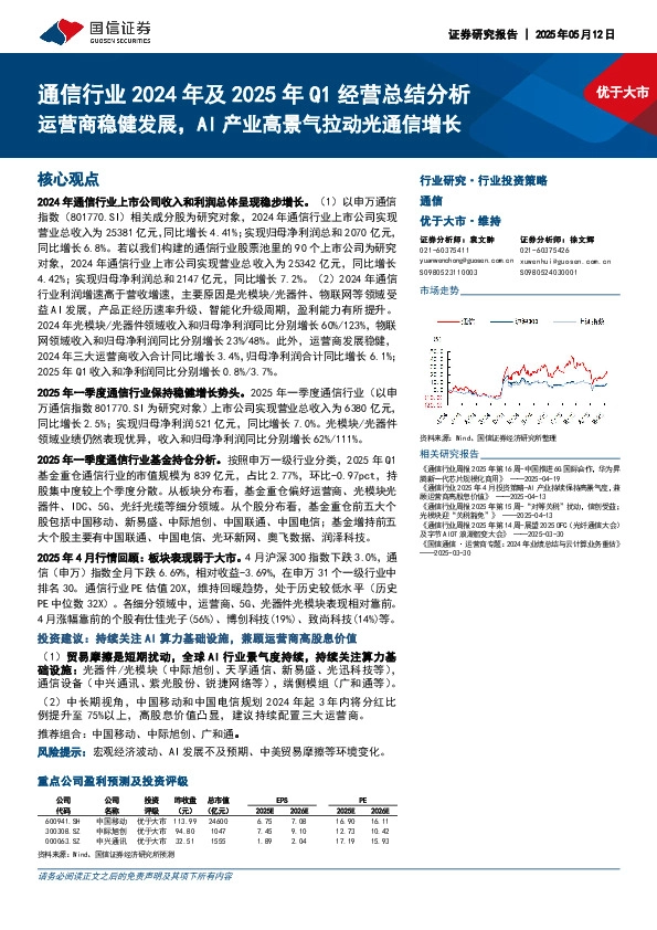 通信行业2024年及2025年Q1经营总结分析：运营商稳健发展，AI产业高景气拉动光通信增长