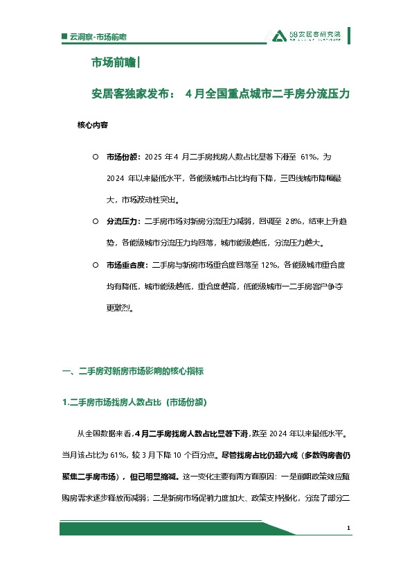 安居客独家发布：4月全国重点城市二手房分流压力