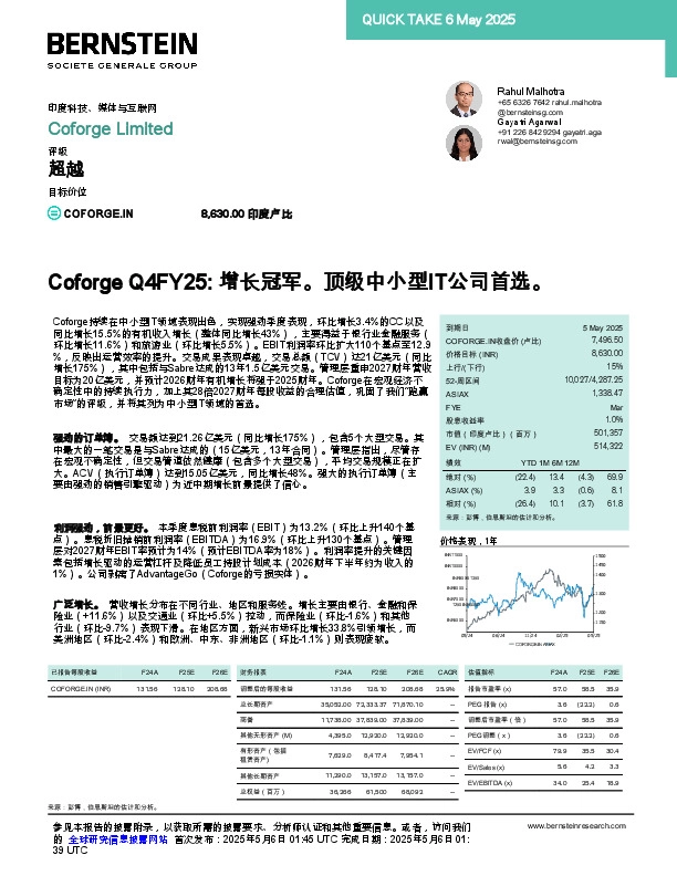 印度科技、媒体与互联网:CoforgeQ4FY25:增长冠军。顶级中小型IT公司首选。