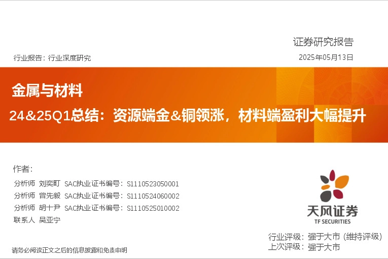 金属与材料行业深度研究：24&25Q1总结：资源端金&铜领涨，材料端盈利大幅提升