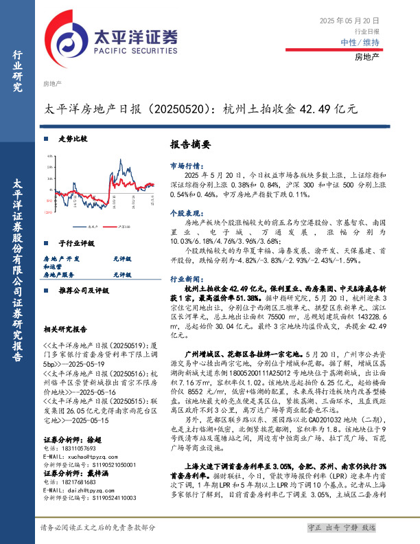 房地产日报：杭州土拍收金42.49亿元