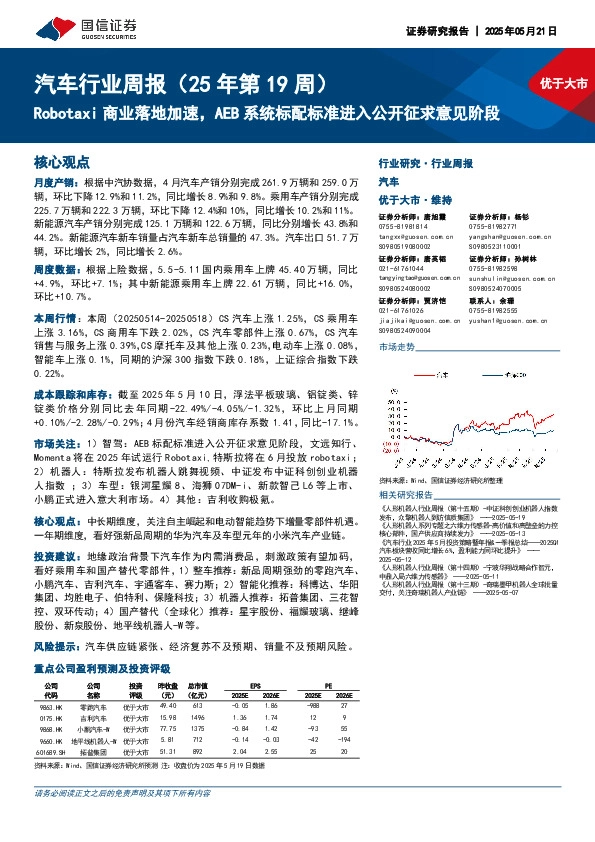 汽车行业周报（25年第19周）：Robotaxi商业落地加速，AEB系统标配标准进入公开征求意见阶段