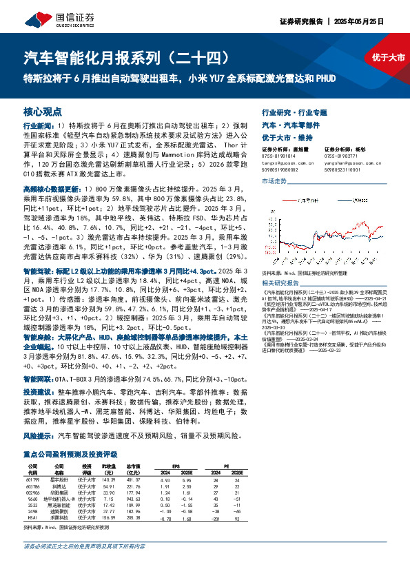 汽车智能化月报系列（二十四）：特斯拉将于6月推出自动驾驶出租车，小米YU7全系标配激光雷达和PHUD