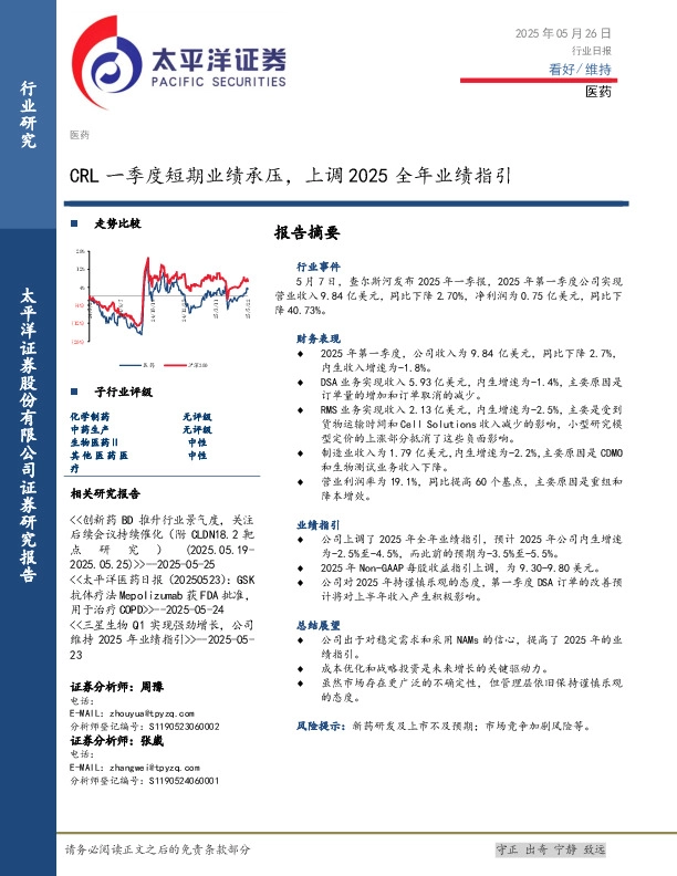 医药行业日报：CRL一季度短期业绩承压，上调2025全年业绩指引