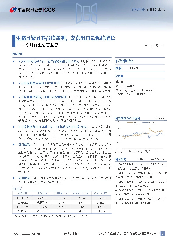 农林牧渔行业5月行业动态报告：生猪自繁自养持续微利，宠食出口量保持增长