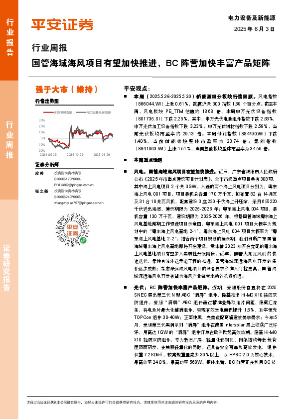 电力设备及新能源行业周报：国管海域海风项目有望加快推进，BC阵营加快丰富产品矩阵