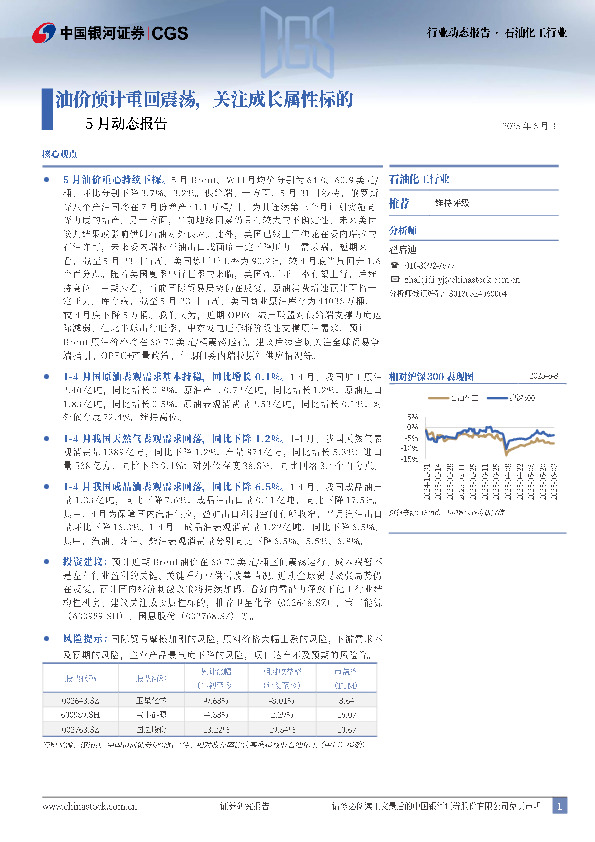 石油化工行业5月动态报告：油价预计重回震荡，关注成长属性标的