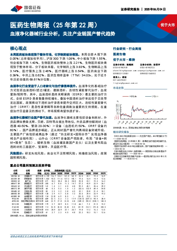 医药生物行业周报（25年第22周）：血液净化器械行业分析，关注产业链国产替代趋势