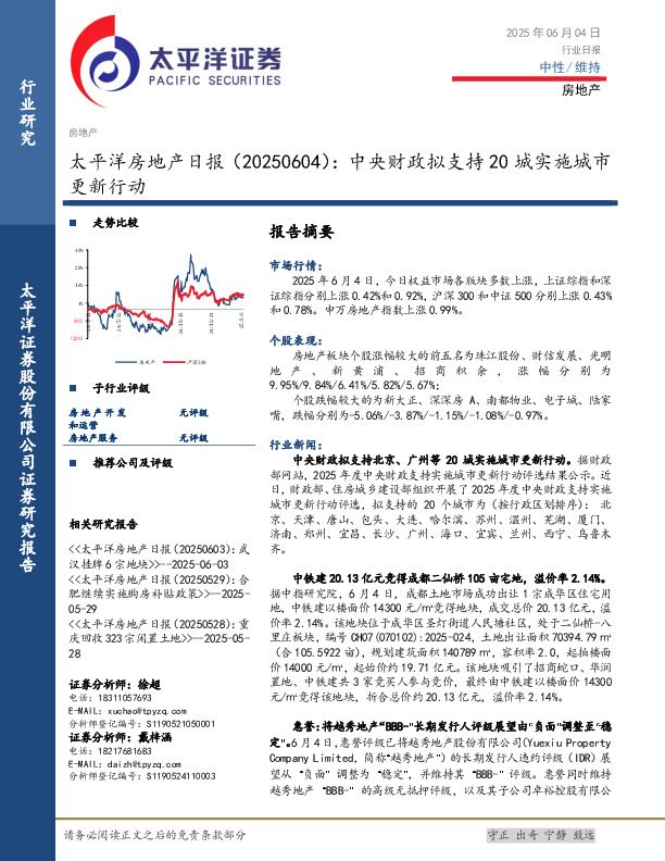 房地产日报：中央财政拟支持20城实施城市更新行动