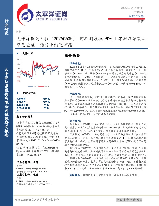 医药日报：阿斯利康抗PD-L1单抗在华获批新适应症，治疗小细胞肺癌