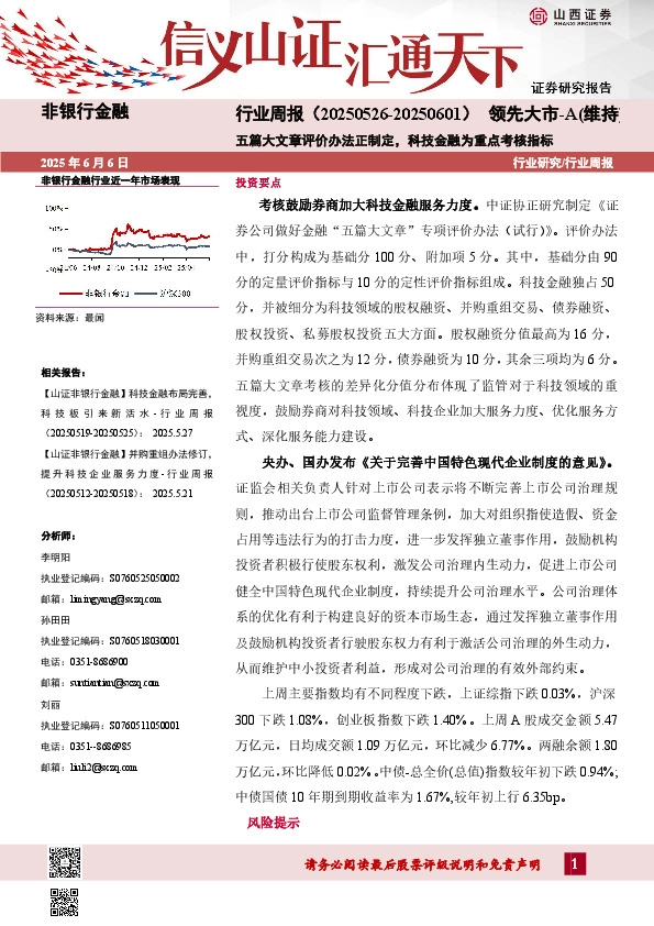 五篇大文章评价办法正制定，科技金融为重点考核指标