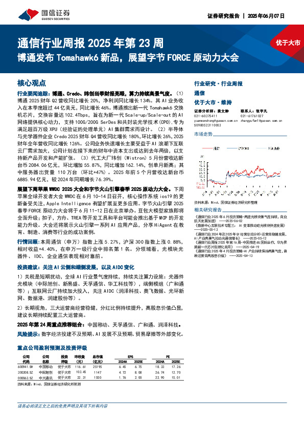 通信行业周报2025年第23周：博通发布Tomahawk6新品，展望字节FORCE原动力大会