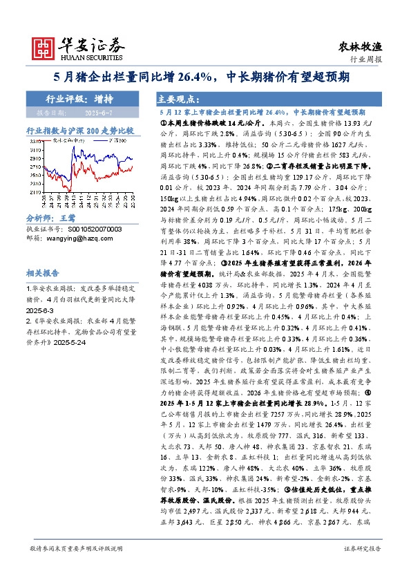 农林牧渔行业周报 周 报：5月猪企出栏量同比增26.4%，中长期猪价有望超预期