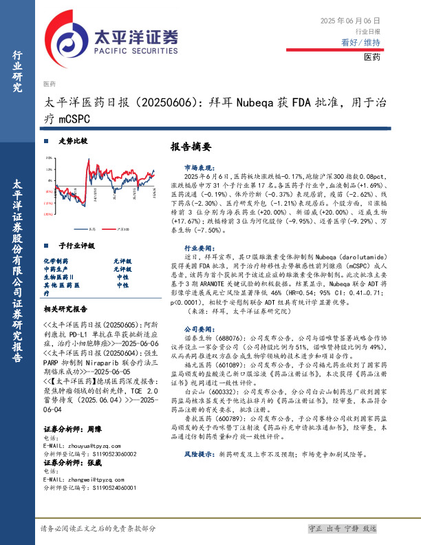 医药日报：拜耳Nubeqa获FDA批准，用于治疗mCSPC