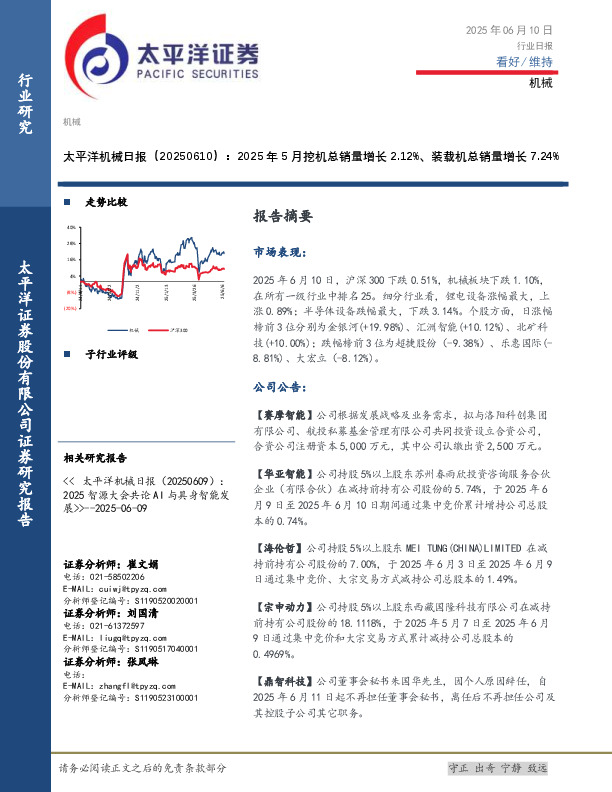 机械日报：2025年5月挖机总销量增长2.12%、装载机总销量增长7.24%