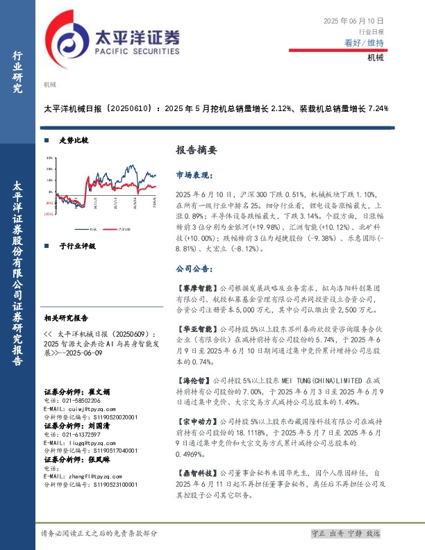 机械日报：2025年5月挖机总销量增长2.12%、装载机总销量增长7.24%