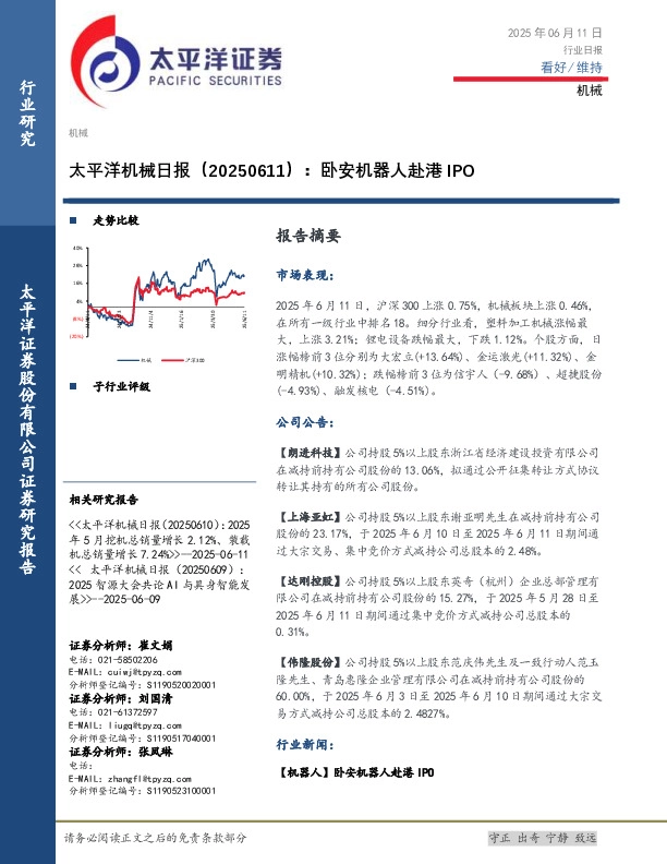 机械日报：卧安机器人赴港IPO