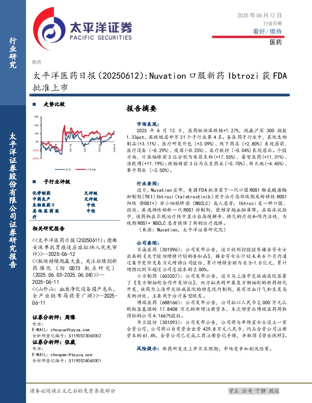 医药日报：Nuvation口服新药Ibtrozi获FDA批准上市