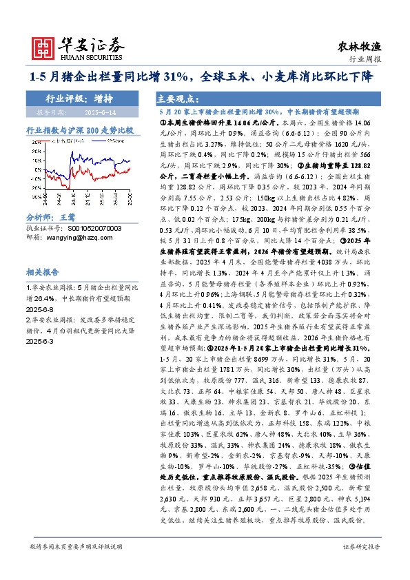 农林牧渔行业周报：1-5月猪企出栏量同比增31%，全球玉米、小麦库消比环比下降
