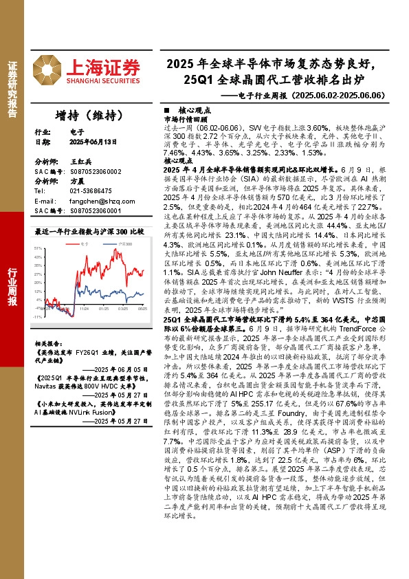 电子行业周报：2025年全球半导体市场复苏态势良好，25Q1全球晶圆代工营收排名出炉
