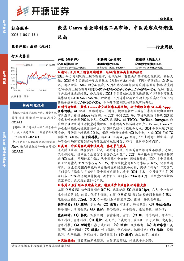 社会服务行业周报：聚焦Canva看全球创意工具市场，中医美容成新潮流风尚