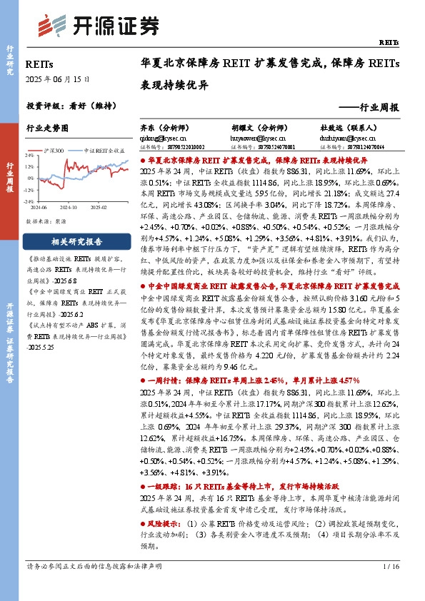 REITs行业周报：华夏北京保障房REIT扩募发售完成，保障房REITs表现持续优异