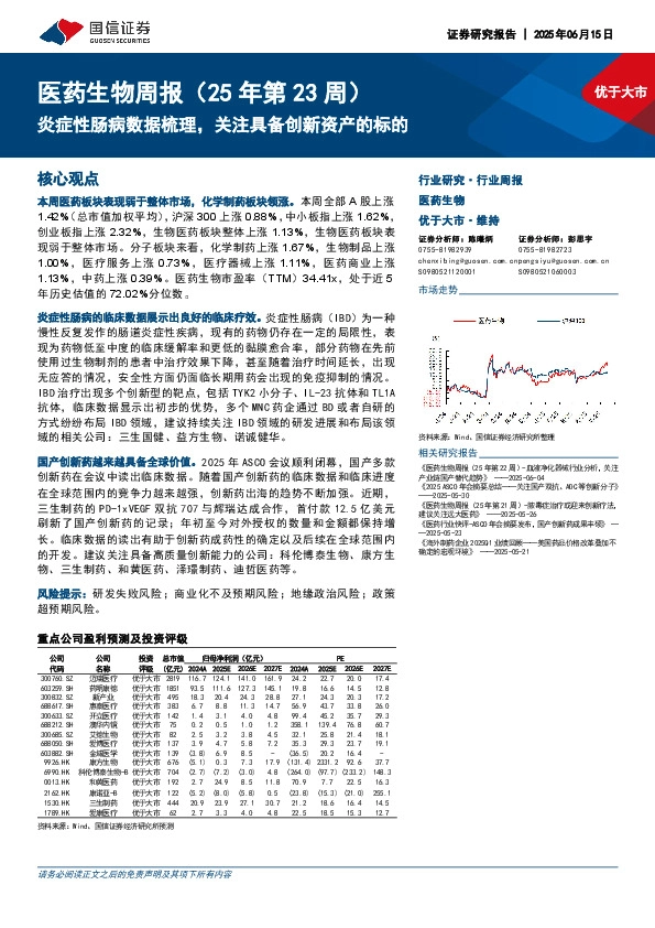 医药生物行业周报（25年第23周）：优于大市炎症性肠病数据梳理，关注具备创新资产的标的