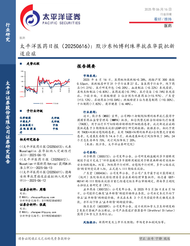 医药日报：默沙东帕博利珠单抗在华获批新适应症