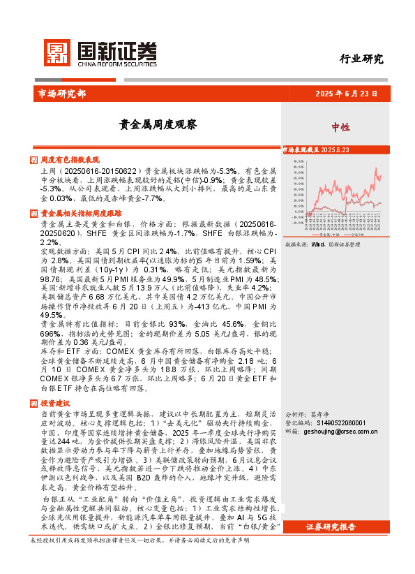 贵金属周度观察