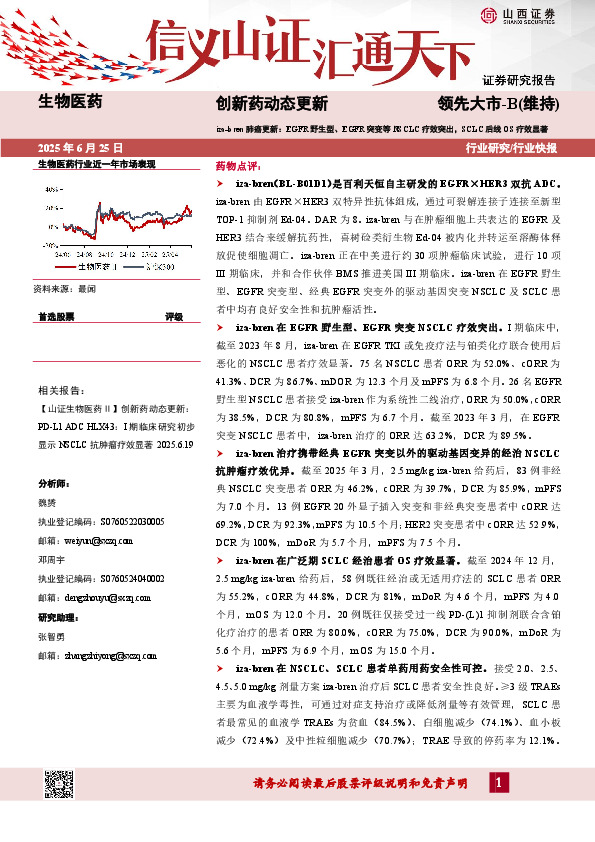 创新药动态更新：iza-bren肺癌更新：EGFR野生型、EGFR突变等NSCLC疗效突出，SCLC后线OS疗效显著