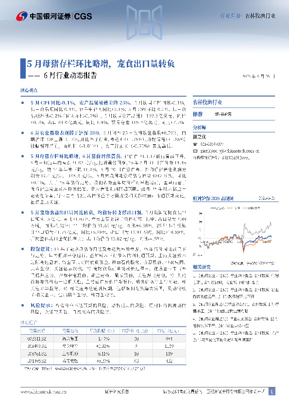 农林牧渔行业6月行业动态报告：5月母猪存栏环比略增，宠食出口量转负