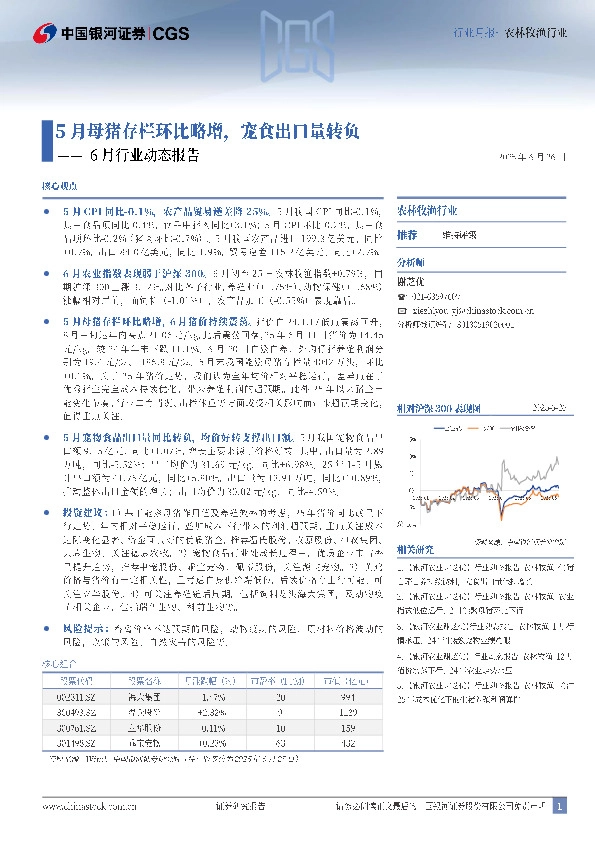 农林牧渔行业6月行业动态报告：5月母猪存栏环比略增，宠食出口量转负