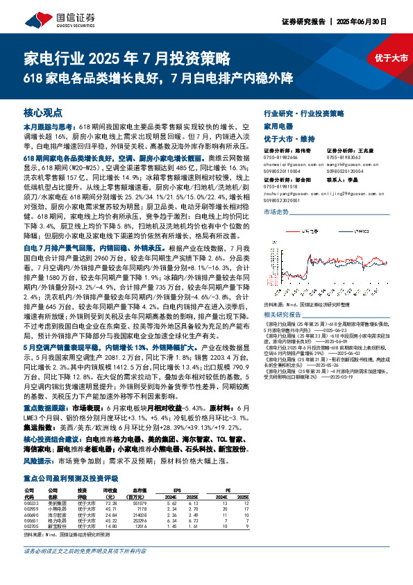 家电行业2025年7月投资策略：618家电各品类增长良好，7月白电排产内稳外降