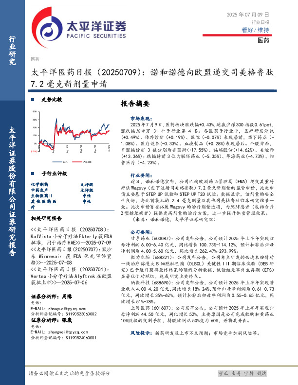 医药日报：诺和诺德向欧盟递交司美格鲁肽7.2毫克新剂量申请