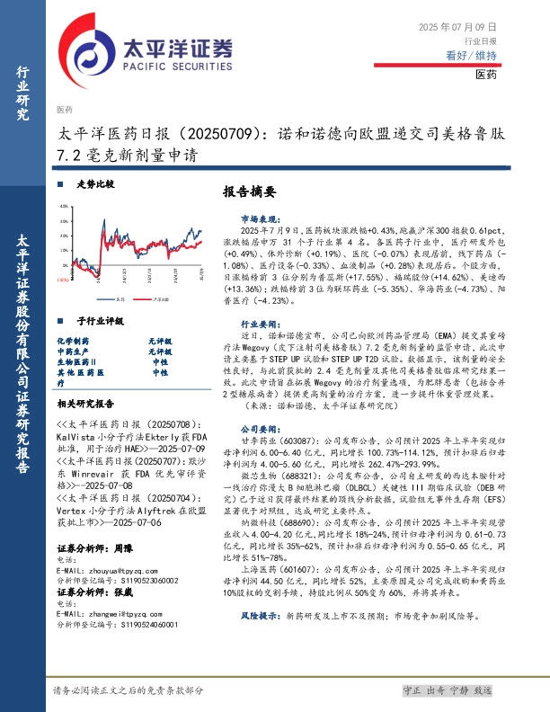医药日报：诺和诺德向欧盟递交司美格鲁肽7.2毫克新剂量申请
