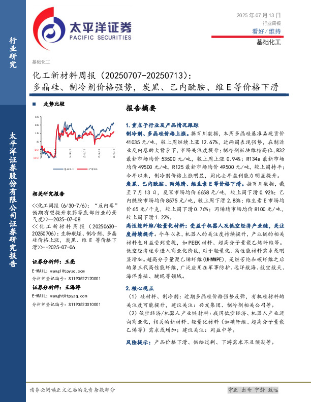 化工新材料行业周报：多晶硅、制冷剂价格强势，炭黑、己内酰胺、维E等价格下滑