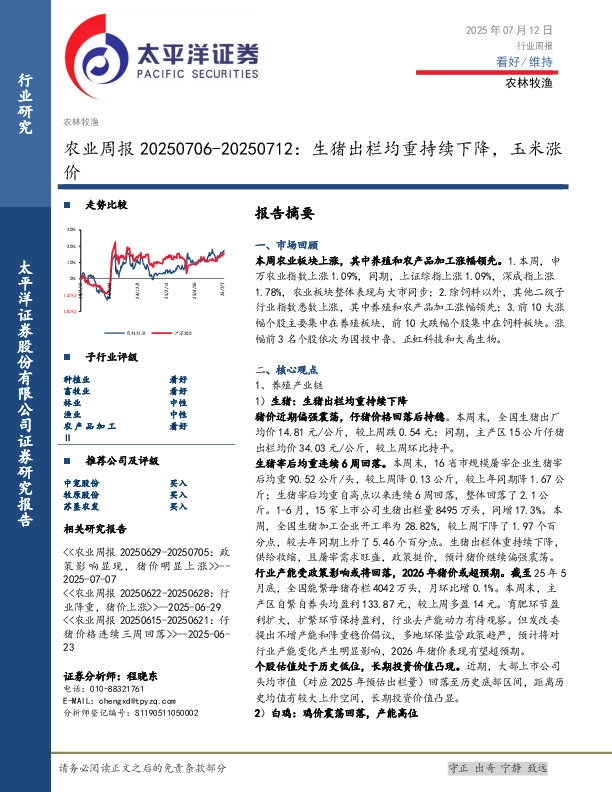农业周报：生猪出栏均重持续下降，玉米涨价
