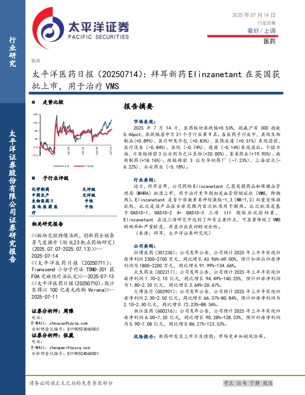 医药日报：拜耳新药Elinzanetant在英国获批上市，用于治疗VMS